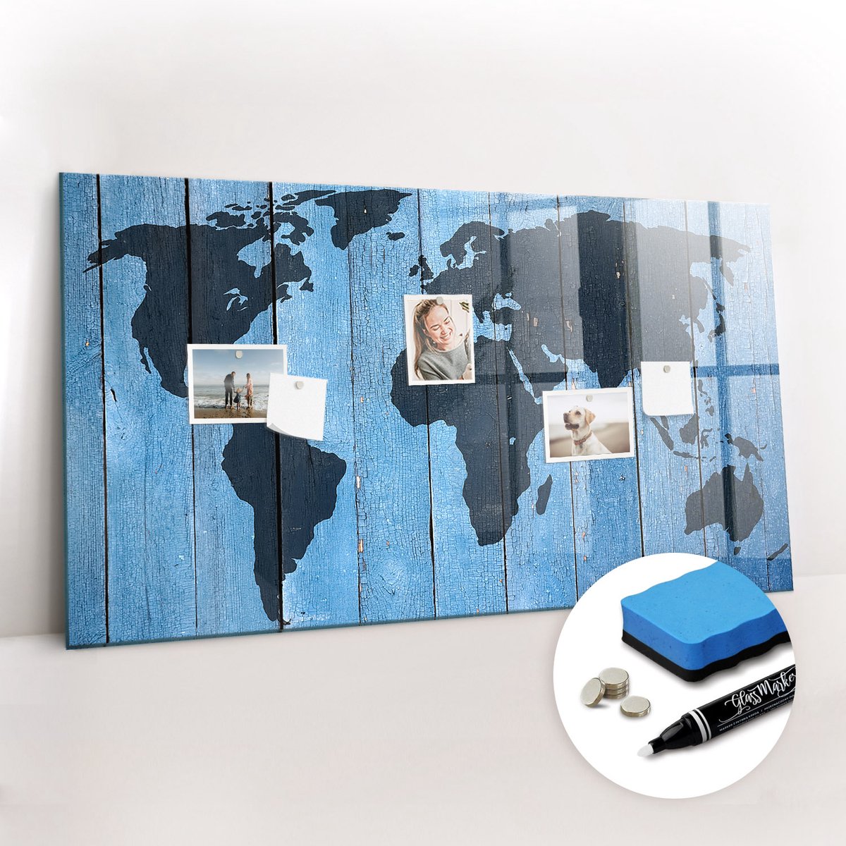 Tulup Whitebord - Wereldkaart op een bord - 120 x 60 cm - Blauw Magneetbord Design - Gratis 5 Sterke Magneten + Whiteboard Marker & Wisser - Moderne Wanddecoratie - Magnetic Board - Organiseer Je Bureau