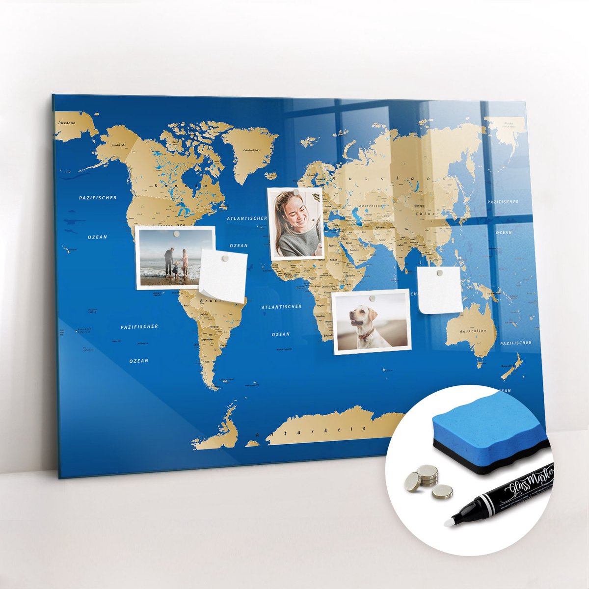 Tulup Whitebord - Wereldlanden - 100 x 70 cm - Geel Decoratieve magneetborden met print - Gratis 5 Sterke Magneten + Whiteboard Marker & Wisser - Decoratief Magnetisch Bord - Magnetisch Memobord - Inspiratiebord Kantoor