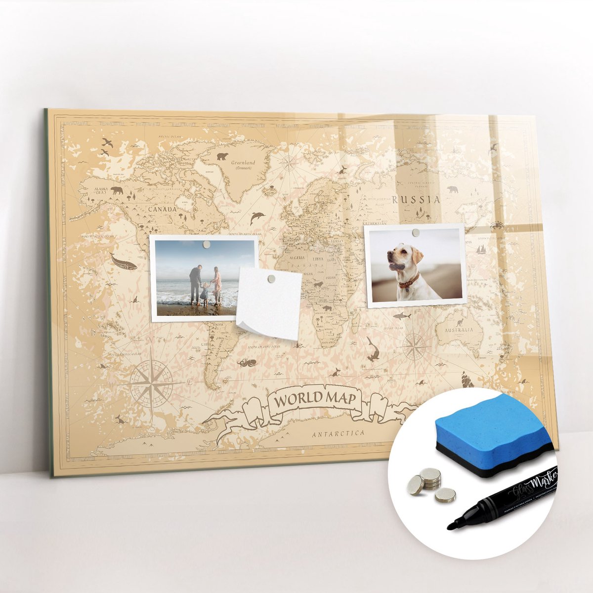 Tulup Whitebord - Archiefkaart van de wereld uit een vintage periode - 60 x 40 cm - Bruin Magneetbord Muur - Gratis 5 Sterke Magneten + Whiteboard Marker & Wisser - Interieur Accessoires Kantoor - Foto Magneetbord - Productiviteit Tools