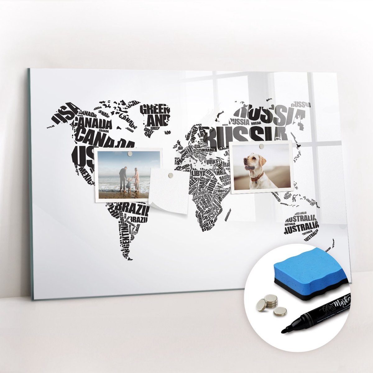 Tulup Whitebord - Wereldkaart met ondertitels - 60 x 40 cm - Zwart-wit Magneetbord Design - Gratis 5 Sterke Magneten + Whiteboard Marker & Wisser - Scandinavisch Design Bord - Memobord Glas - Notitiebord Werkplek