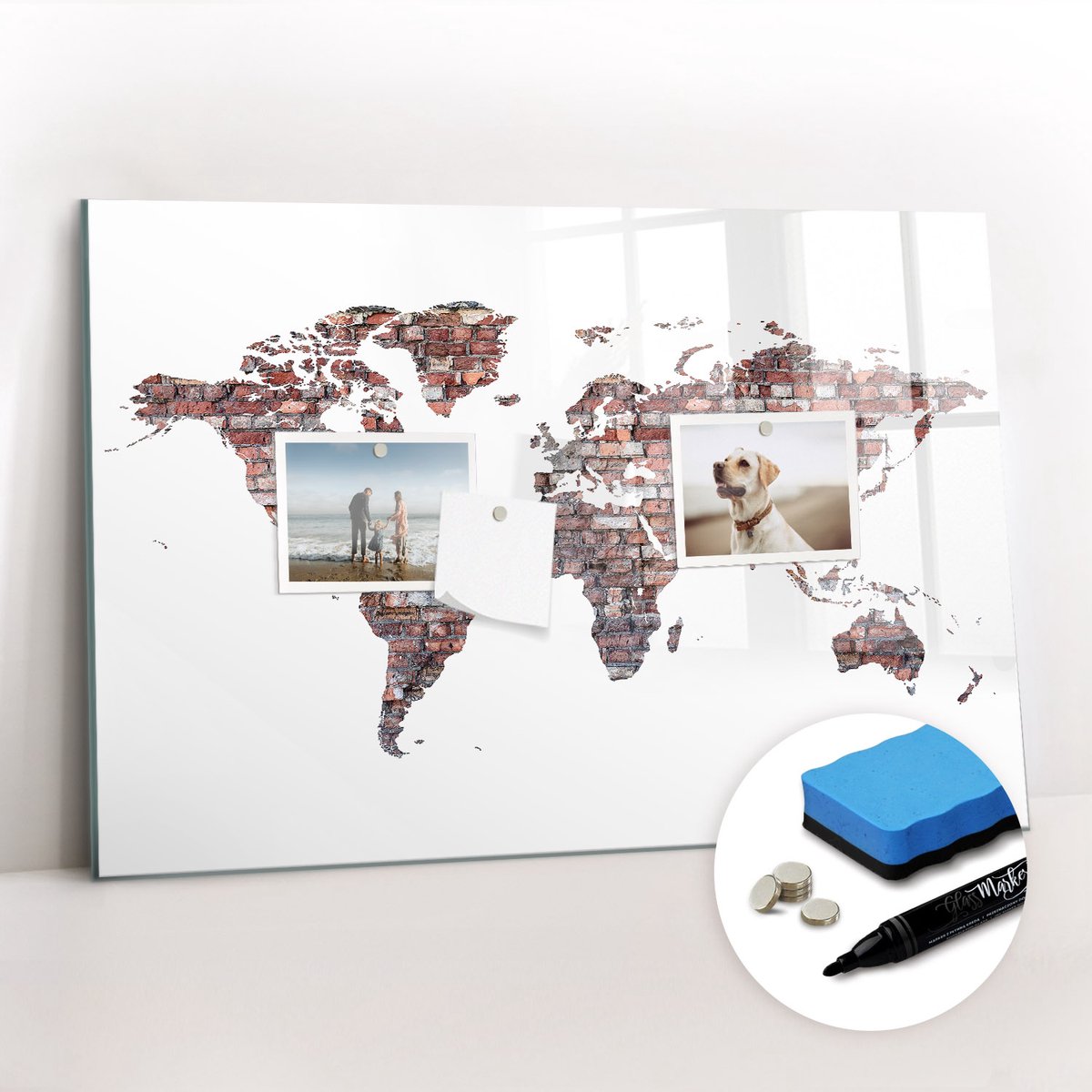 Tulup Whitebord - Brick wereldkaart - 60 x 40 cm - Wit Foto Magneetbord - Gratis 5 Sterke Magneten + Whiteboard Marker & Wisser - Industrieel Wandbord - Magnet Board - Ideeënbord Thuiswerkplek