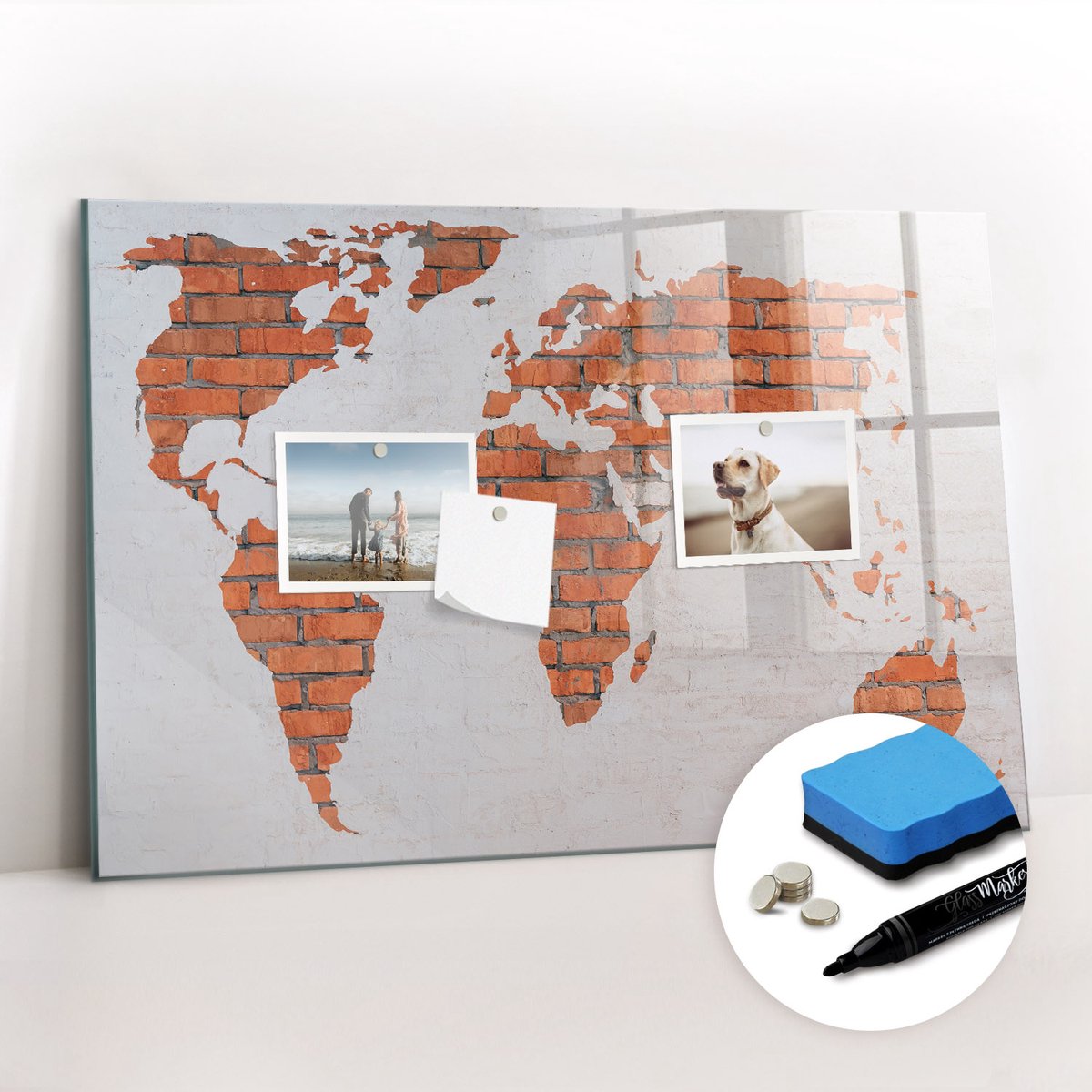 Tulup Whitebord - Gipsen wereldkaart - 60 x 40 cm - Veelkleurig Memobord Keuken - Gratis 5 Sterke Magneten + Whiteboard Marker & Wisser - Interieur Accessoires Kantoor - Magneetbord Design - Planning Muur