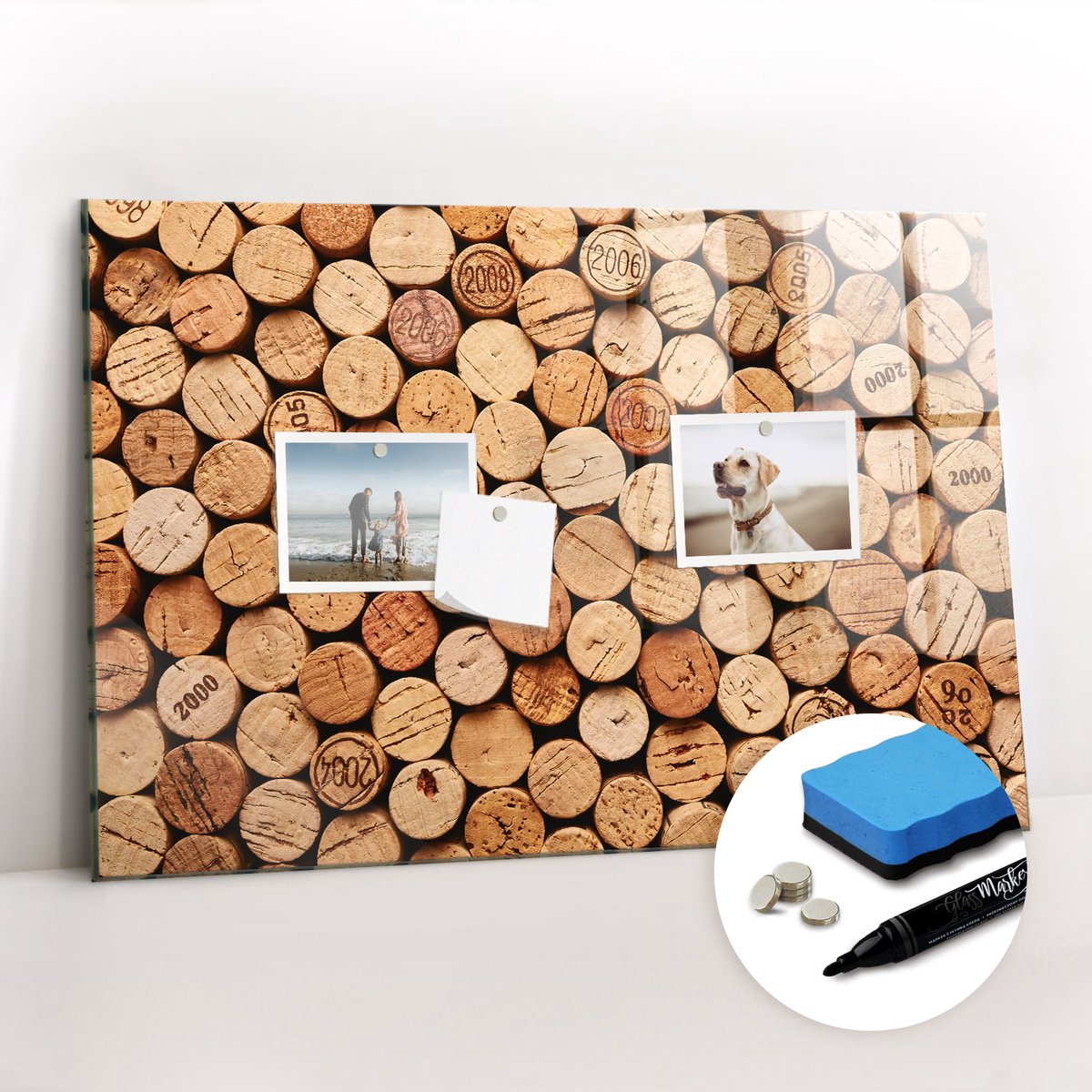 Tulup Whitebord - Houten wijnkurken - 60 x 40 cm - Bruin Magneetbord Foto - Gratis 5 Sterke Magneten + Whiteboard Marker & Wisser - Interieur Accessoires Kantoor - Magnetic Board - Ideeënbord Thuiswerkplek