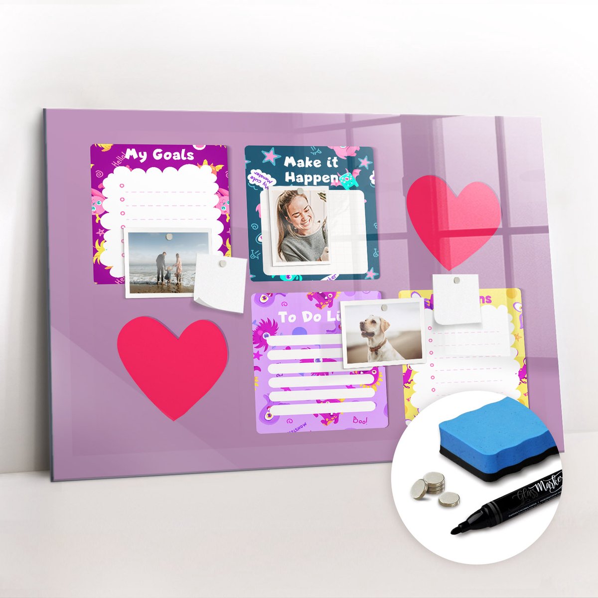 Tulup Whitebord - Monsternotities - 90 x 60 cm - Veelkleurig Magneetbord Design - Gratis 5 Sterke Magneten + Whiteboard Marker & Wisser - Minimalistisch Prikbord - Magnetisch Bord - Notitiebord Werkplek