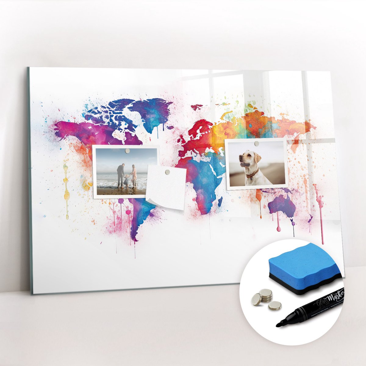 Tulup Whitebord - Wandatlas wereldkaart - 60 x 40 cm - Veelkleurig Memobord Keuken - Gratis 5 Sterke Magneten + Whiteboard Marker & Wisser - Stylish Memo Board - Magnetisch Memobord - Notitiebord Werkplek