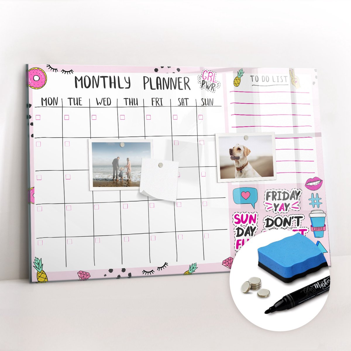 Tulup Whitebord - Gezellige maandplanner - 60 x 40 cm - Veelkleurig Memobord Glas - Gratis 5 Sterke Magneten + Whiteboard Marker & Wisser - Interieur Accessoires Kantoor - Memobord Keuken - Productiviteit Tools
