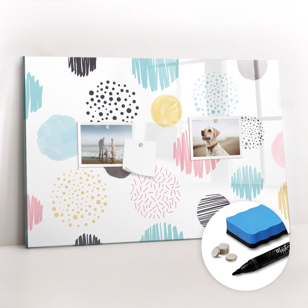 Tulup Whitebord - Geometrisch patroon - 60 x 40 cm - Veelkleurig Magnetisch Bord - Gratis 5 Sterke Magneten + Whiteboard Marker & Wisser - Scandinavisch Design Bord - Memobord Glas - Notitiebord Werkplek