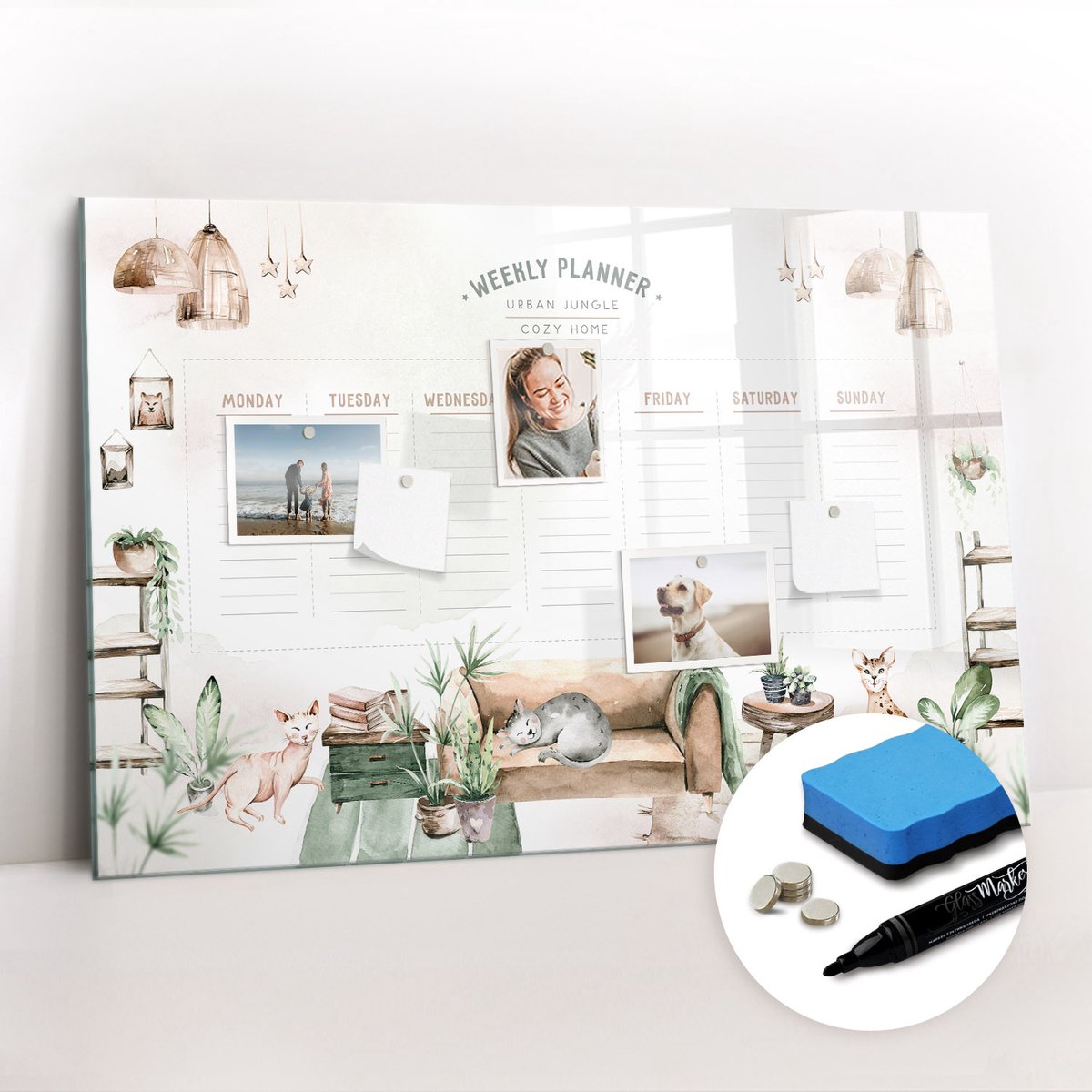 Tulup Whitebord - Gezellige Huisplanner - 90 x 60 cm - Veelkleurig Memobord Glas - Gratis 5 Sterke Magneten + Whiteboard Marker & Wisser - Stylish Memo Board - Magnetisch Memobord - Notitiebord Werkplek