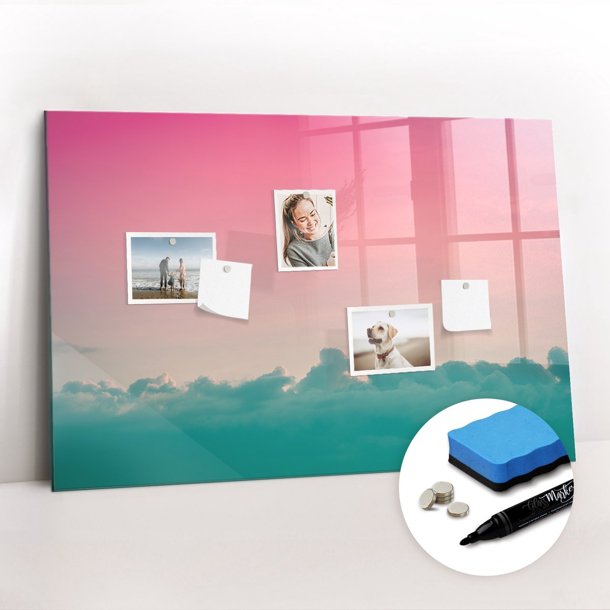 Tulup Whitebord - Gradiëntlucht - 90 x 60 cm - Veelkleurig Magneetbord Design - Gratis 5 Sterke Magneten + Whiteboard Marker & Wisser - Moderne Wanddecoratie - Memobord Glas - Organiseer Je Bureau