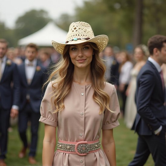 Een vrouw met een strooien cowboyhoed en een roze riem met gesp.