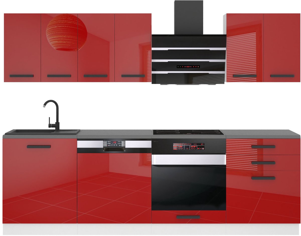 BELINI Keukenblok SUSAN - Keukenmeubel Set 240 cm Rood Hoogglans met Werkbladen - Boven- en Onderkasten