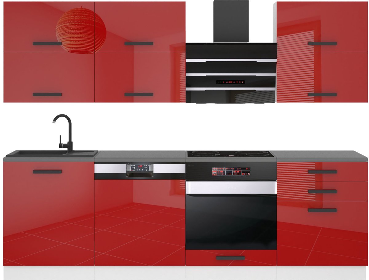 BELINI Keukenblok MADISON - Keukenmeubel Set 240 cm Rood Hoogglans met Werkbladen - Boven- en Onderkasten