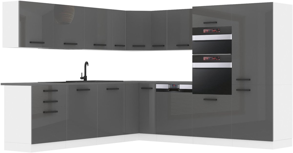 BELINI L-Vorm Keukenblok JANE - Keukenmeubel Set 480 cm Zilver Hoogglans zonder Werkbladen - Boven- en Onderkasten