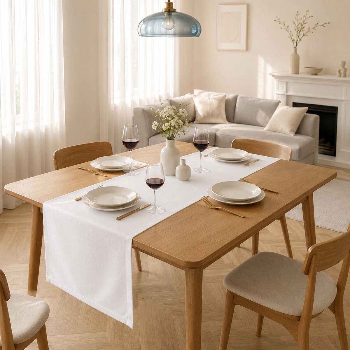 Tafelloper wit linnenlook 30x120cm, waterafstotend en wasbaar voor tafel & dressoir