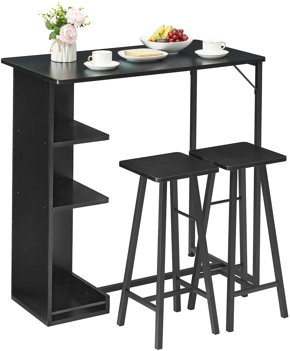 Noventra bartafel met barstoelen-bartafel-tuinmeubelset-met opbergtruimte-2 barkrukken-91,5 x 50 x 90 cm-hout-metaal-zwart
