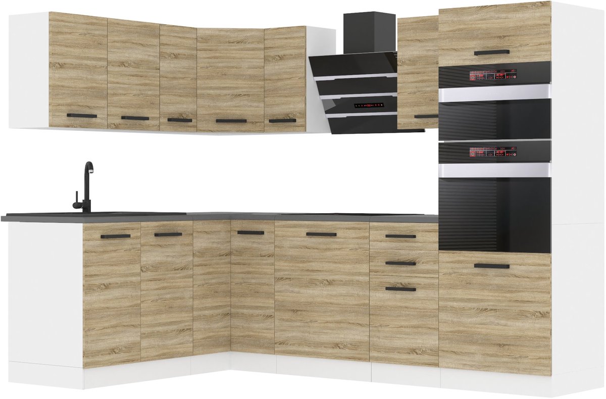 BELINI L-Vorm Keukenblok MELANIE - Keukenmeubel Set 360 cm Sonoma Eiken zonder Werkbladen - Boven- en Onderkasten