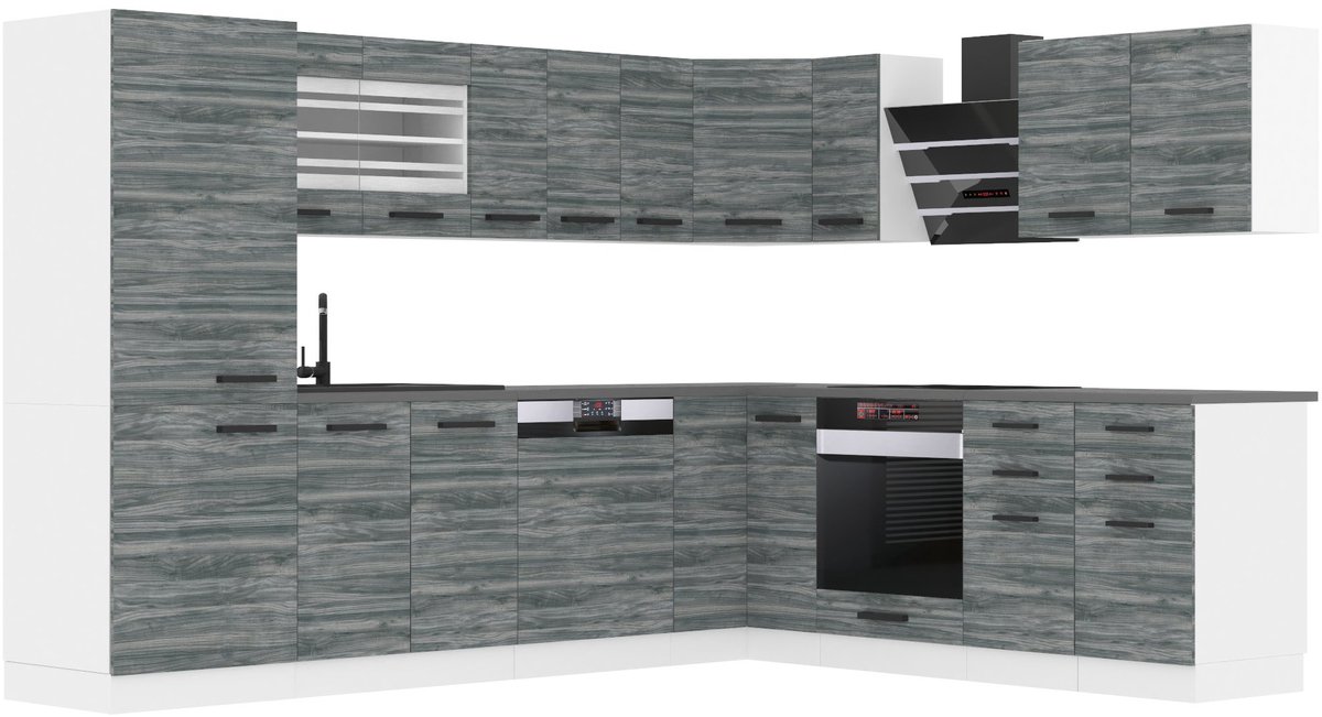 BELINI L-Vorm Keukenblok JULIE - Keukenmeubel Set 460 cm Glamour Wood zonder Werkbladen - Boven- en Onderkasten
