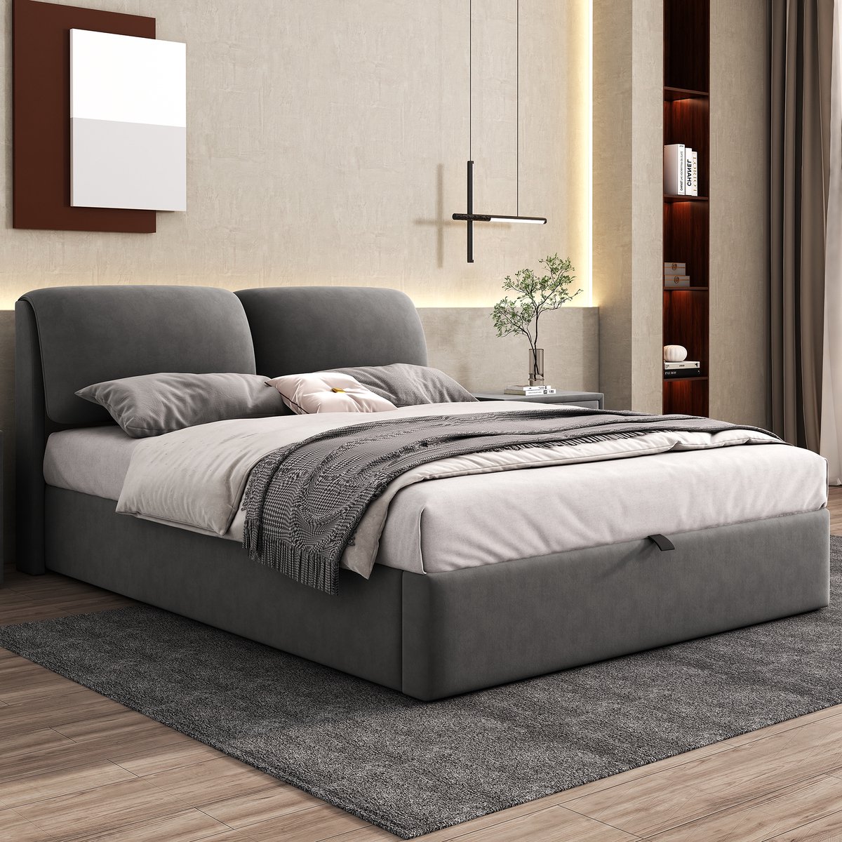 Gestoffeerd Bed 140x200 cm - Hydraulisch Opbergbed Met 3 Lades Velvet Grijs