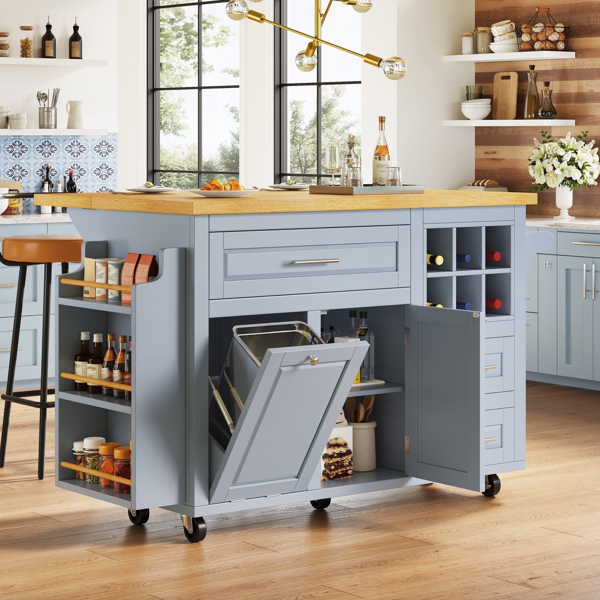 REDOM - Keukenkast - Ergonomische werkhoogte - Opklapbaar werkblad - Met lades, wijnmand en afvalbakruimte - Keuken en eetkamer - MDF - Blauw - 143 x 75 x 91 cm