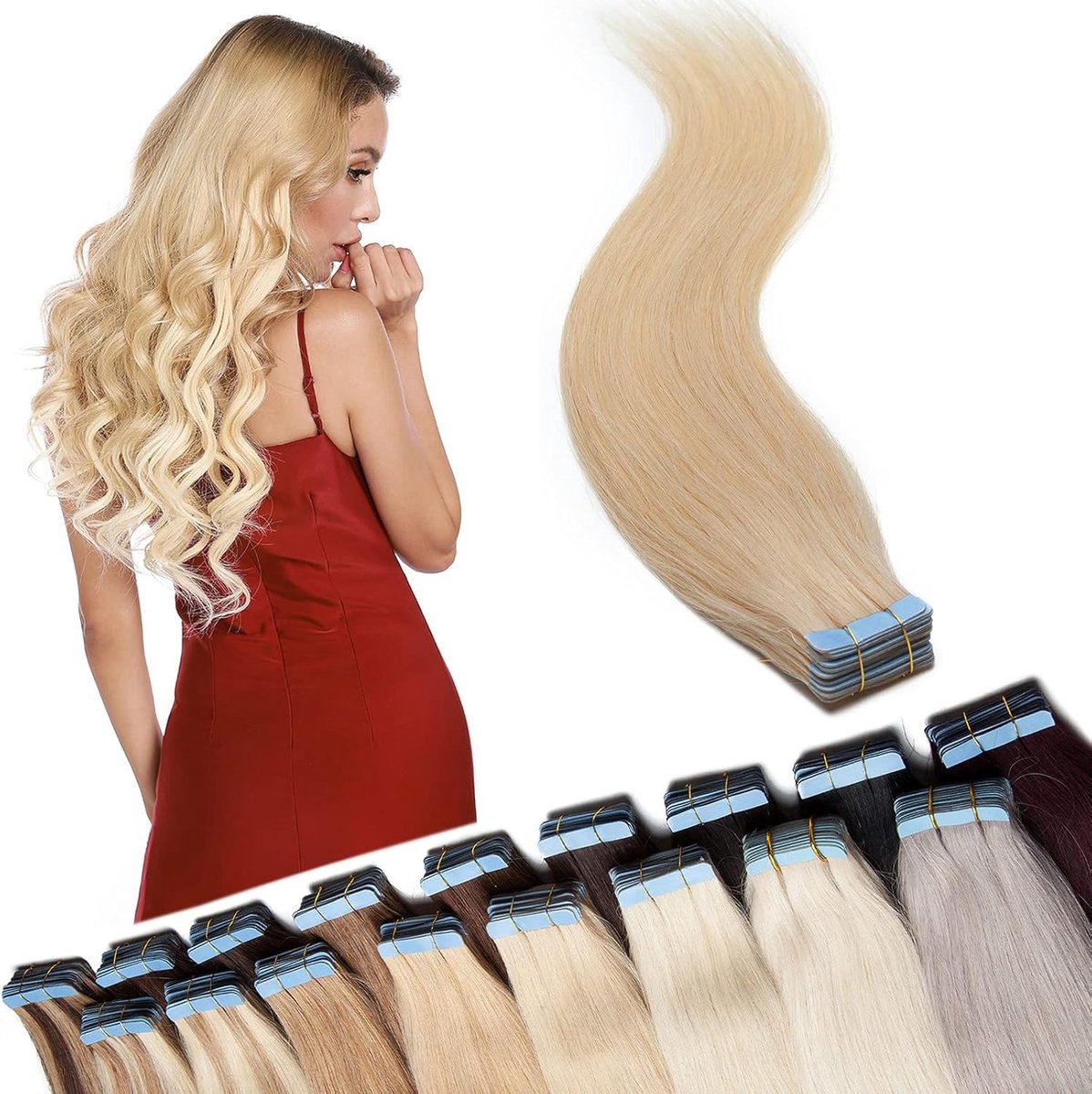Tape in Extensions van Echthaar - 100% Remy Haarverlenging met Klebeband, Hellblond #613, 24" (61 cm) - 40 stuks + 10 gratis tapes