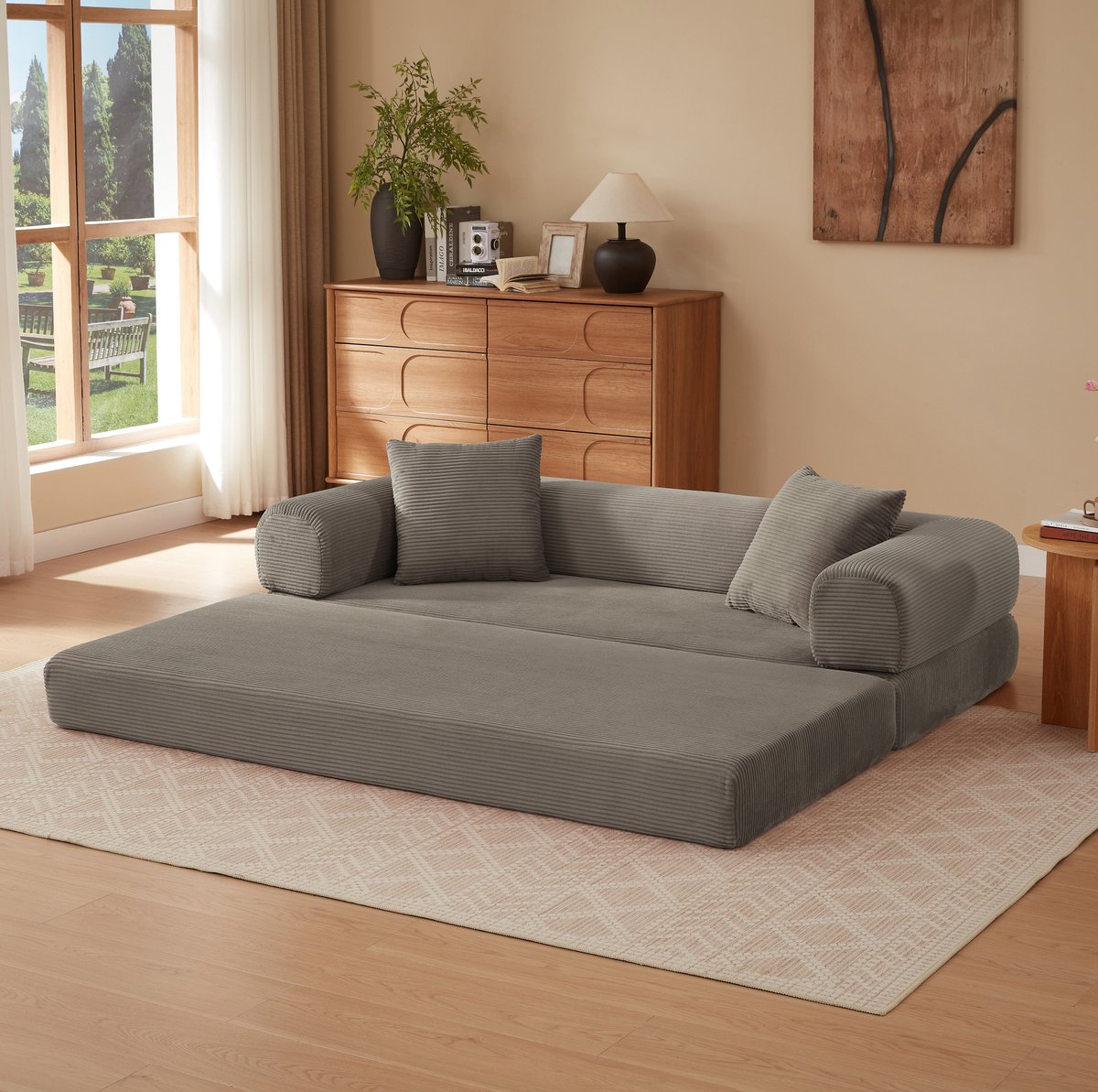 MODENUIT Slaapbank 195 x 89 x 59 - Uitklapbaar 3-Zits - Woonkamer En Slaapkamer - Velours Taupe