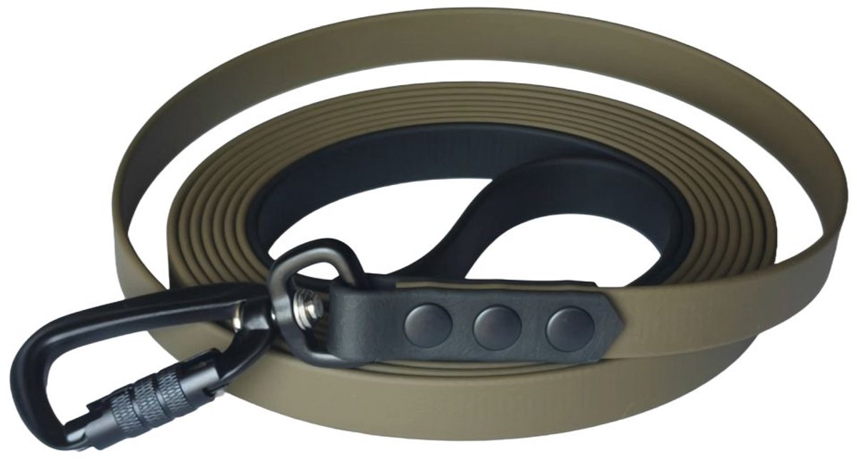 Hondenlijn met karabijnhaak - BioThane® - 5 meter - 16mm - (Middel)grote hond - Olijfgroen - Zwart