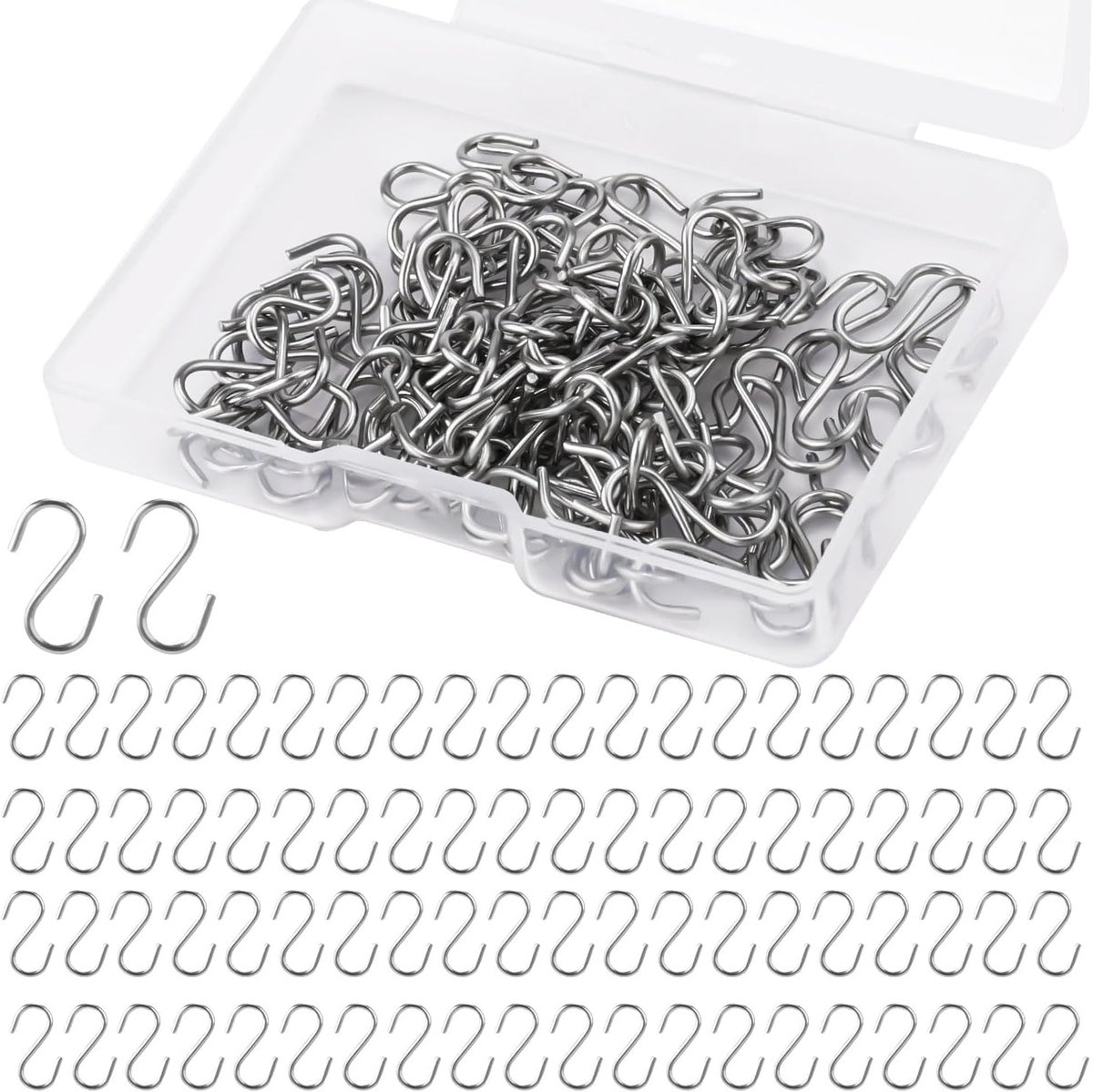 SnelShoppen - 100 Stuks Kleine S-Haakjes voor Ophangen, Mini S-Vormige Haakjes RVS met Opbergdoos, S-Ornament Haakjes voor DIY Sieraden Sleutelhanger