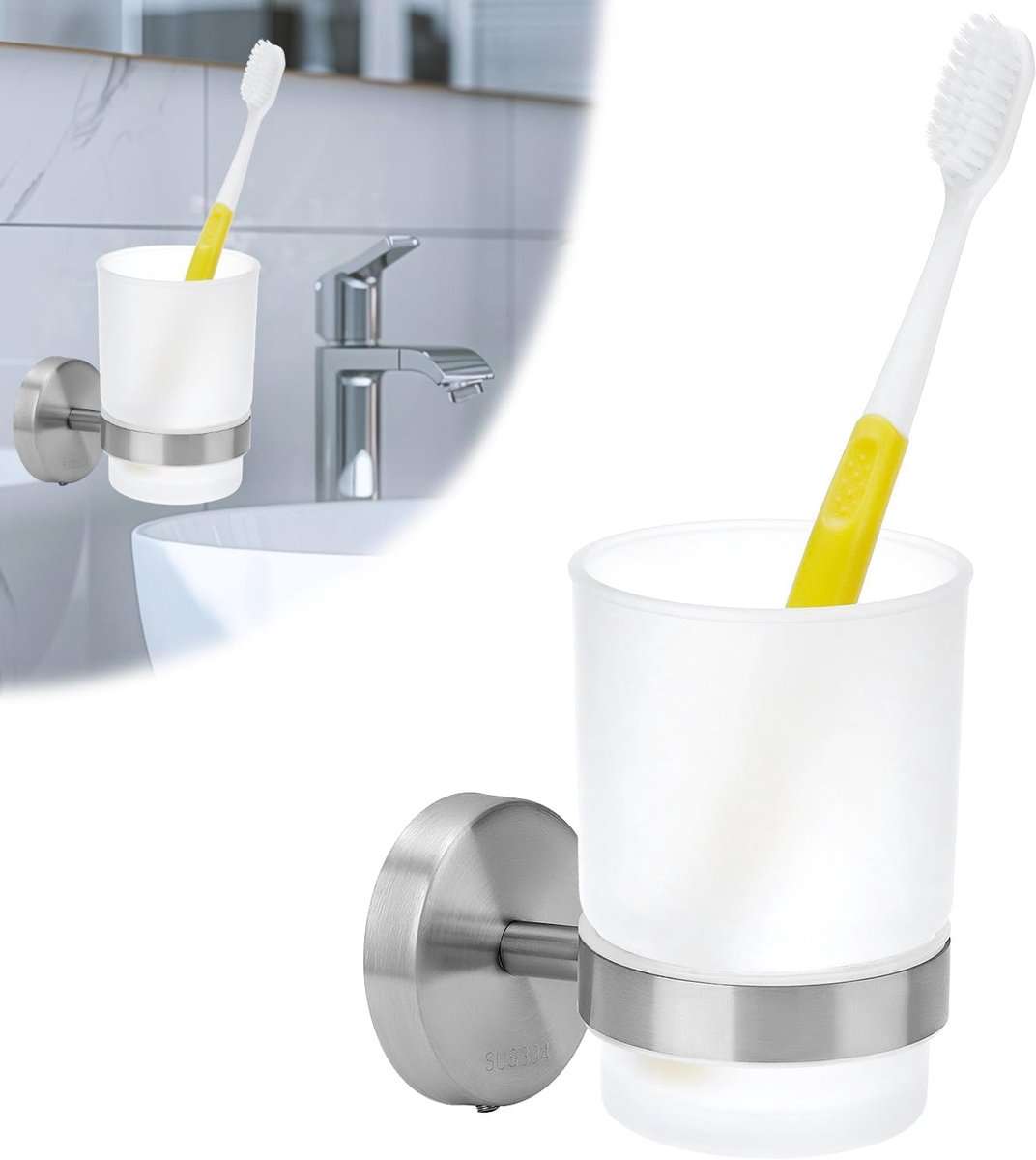 SnelShoppen - Wandbeugel Tandborstelhouder RVS, Inclusief 1 Mondspoelbekertje, Geluiddempend Ontwerp, Modern Design, Geschikt voor Badkamer en Toilet