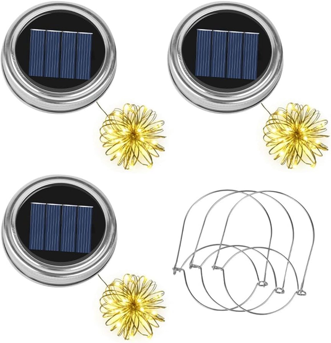 SnelShoppen - 3PCS Mason Jar Deksel met 20 2m LED Licht Draad, Mason Jar Lichten met 3 Hangende Lantaarns, Zonne-energie Tuinverlichting voor Buiten,