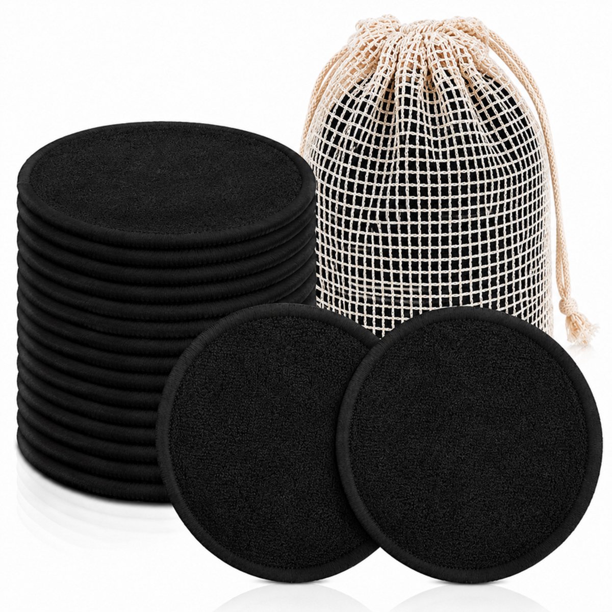 Verpakking met 20 make-up remover pads van bamboevezel, wasbare make-up remover pads van bamboekatoen, inclusief 1 opbergtasje. Gemaakt van zachte bamboevezel, wasbaar en geschikt voor dagelijkse make-up verwijdering en gezichtsreiniging,zwart