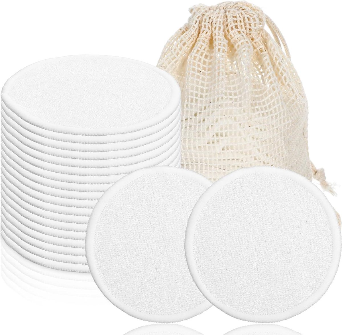 Verpakking met 20 make-up remover pads van bamboevezel, wasbare make-up remover pads van bamboekatoen, inclusief 1 opbergtasje. Gemaakt van zachte bamboevezel, wasbaar en geschikt voor dagelijkse make-up verwijdering en gezichtsreiniging,Wit