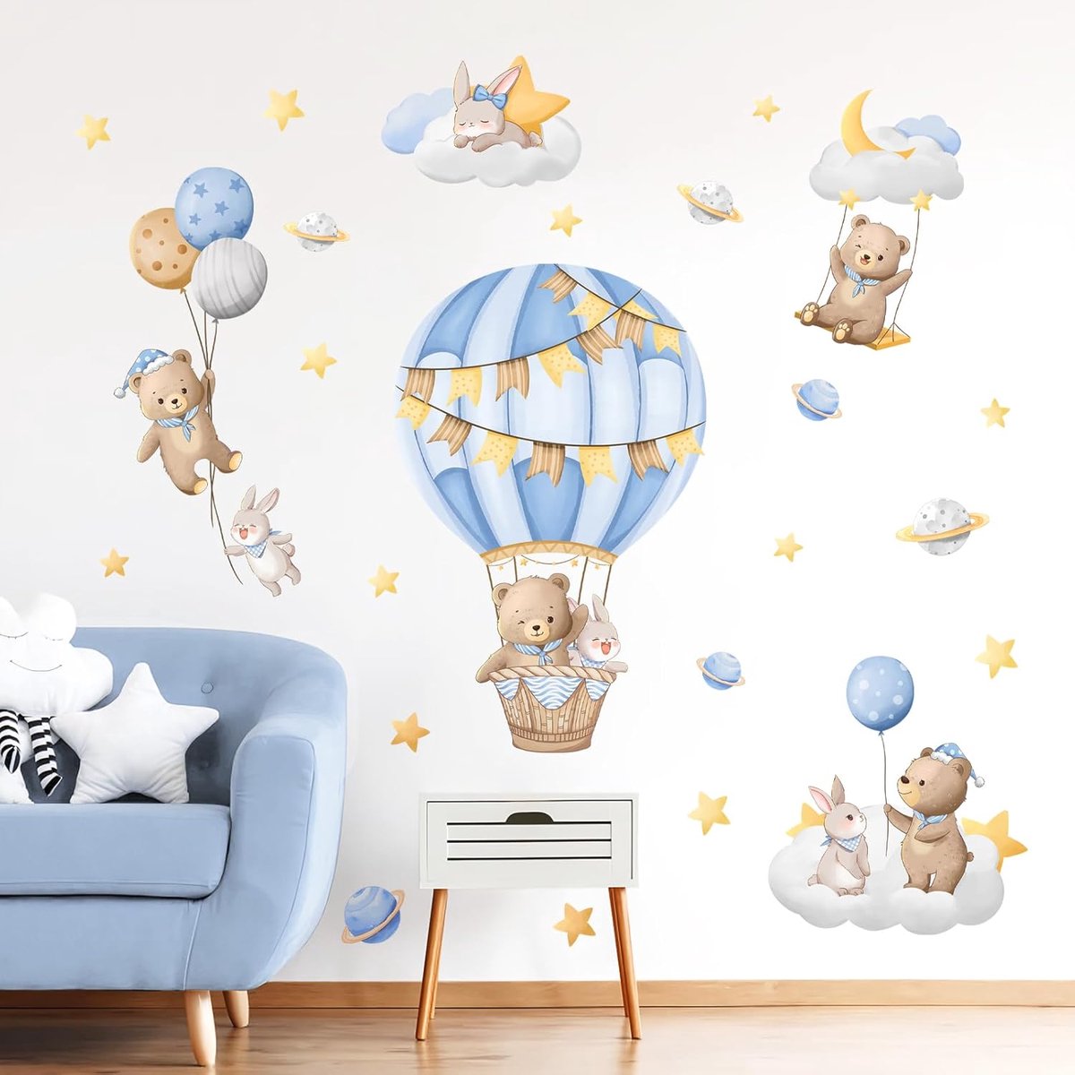 SnelShoppen - Blauwe Wandsticker Luchtballon met Beer en Sterren voor Kinderkamer, Peeling en Stick Wanddecoratie, Vinyl, 1 Set, Romantisch en Creatie
