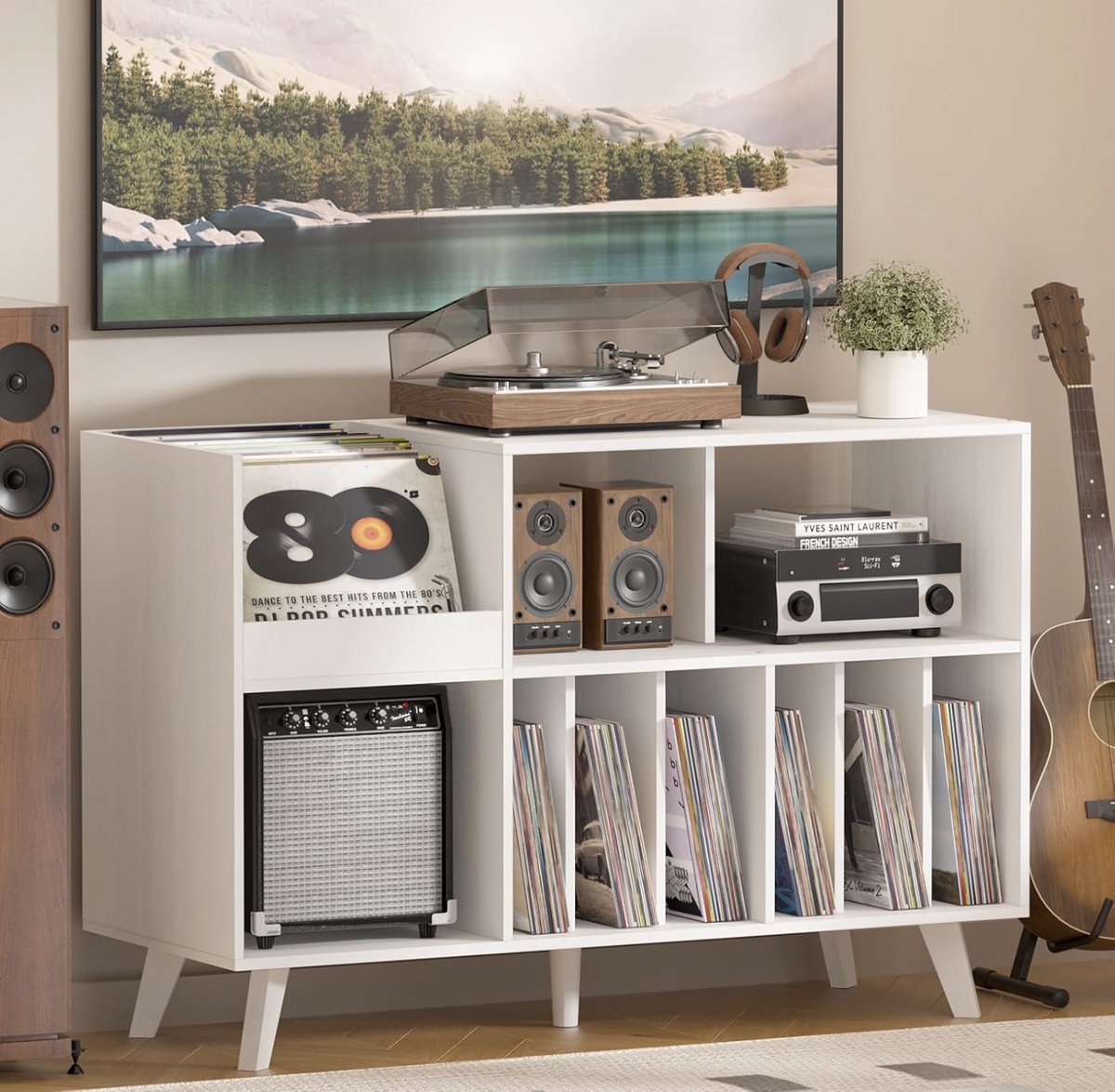 Platenspeler Standaard met Opbergruimte - Grote Platenkast voor 450 LP Vinylplaten - Houten Platenspeler Meubel - Platenrek & Audio Opbergkast - wit - 122 x 40 x 82.5 cm