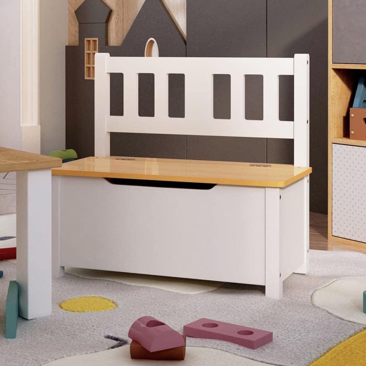 Opbergbank Kinderen - Zitbank Speelgoedkist - Kinderkamer Organiseren - Geïntegreerde Opbergkist - 60x30x55 cm - Wit en beige
