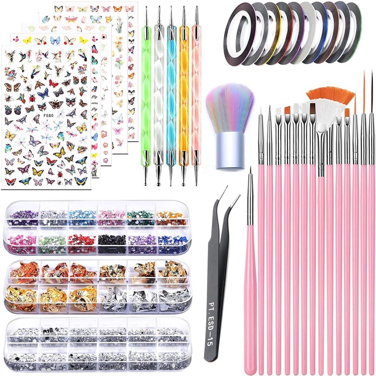 SnelShoppen - Nail Stickers Set met 5 Nagelstickers, Borstels, Rhinestones, Stripes Band en Goudblad, Perfect voor Manicure en Gel Nagels, Set van 50