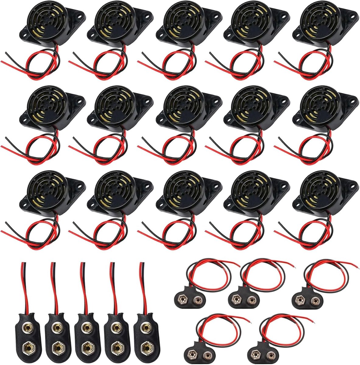 SnelShoppen - 15pcs Elektronische Piezo Buzzer DC 3-24V, Actieve Piezo Alarm, Geluidssignaal, ABS Materiaal, 10 Stuks 9V Batterij Connectoren, Voor Pr