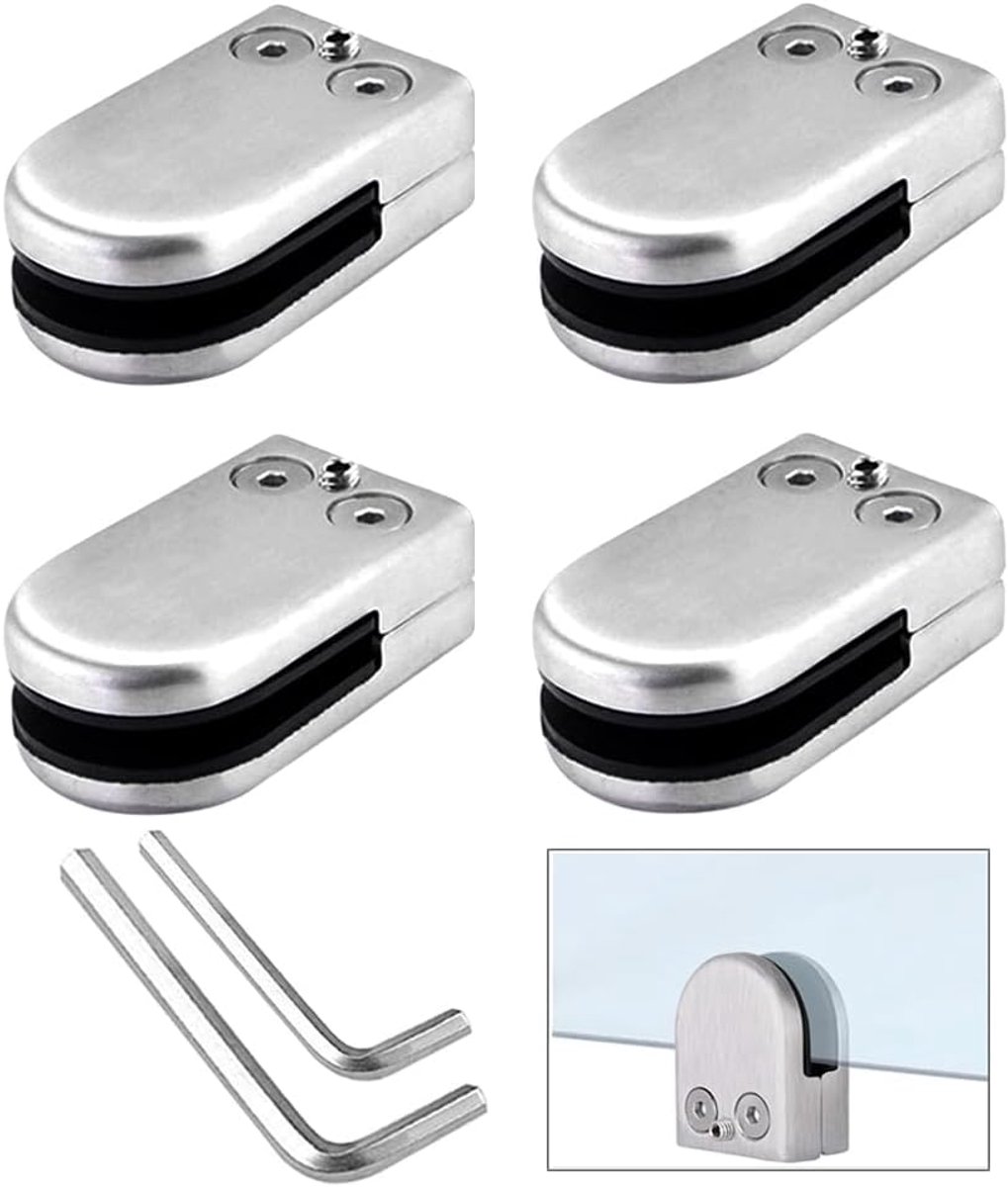SnelShoppen - 4Pcs Verstelbare Glasklemmen 10~12mm, RVS 304 Glasklemmen, Flat Back Beugel voor Trapbalustrade en Leuningen (Zilver)
