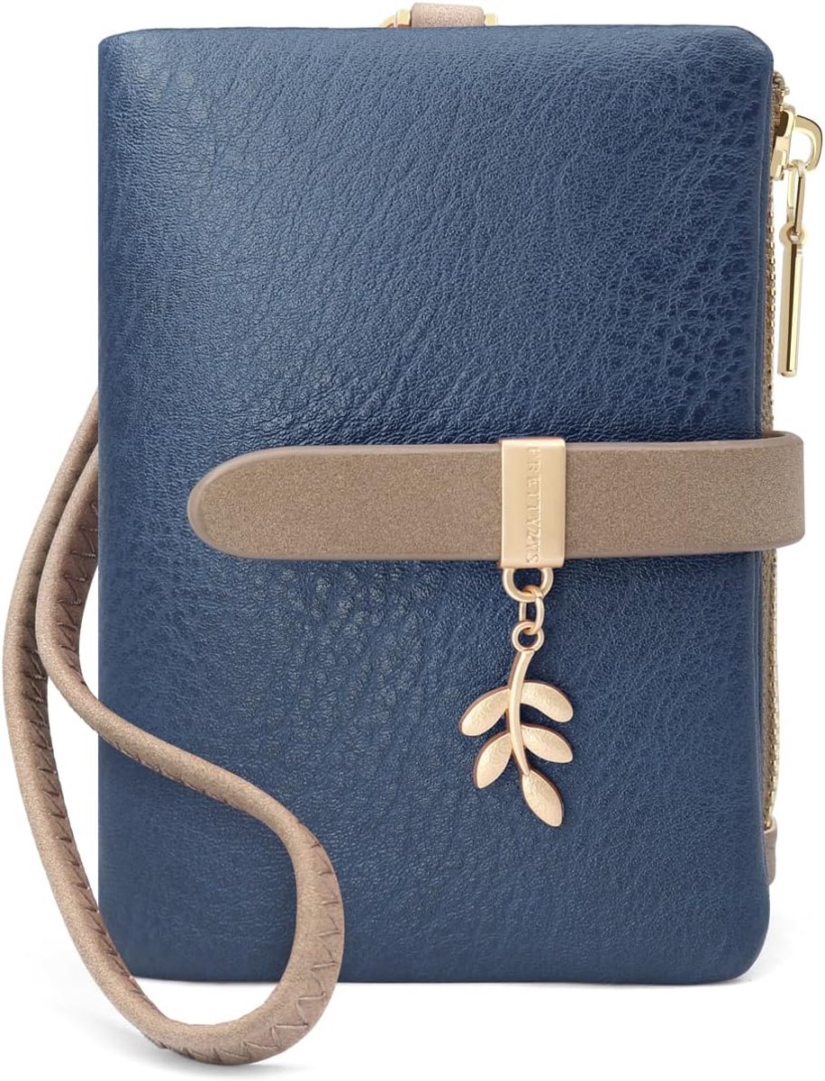 SnelShoppen - Dames Kleine PU Leren Portemonnee met RFID Bescherming, Compacte Handtas voor Vrouwen met 7 Creditcard Slots en Polsbandje, Donkerblauw