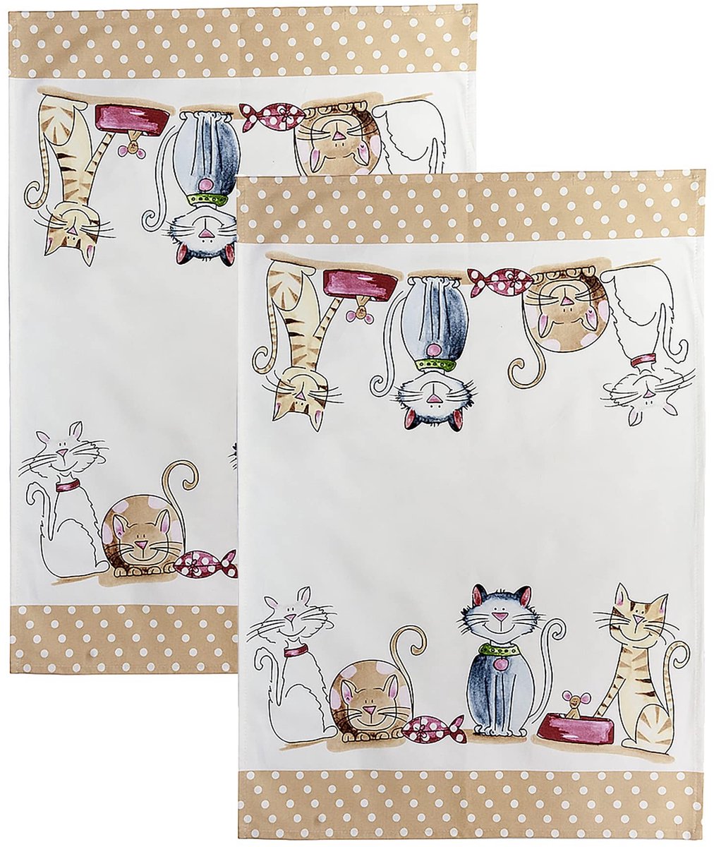 Omgoods - Theedoeken Set van 2 met Blije Kattenprint