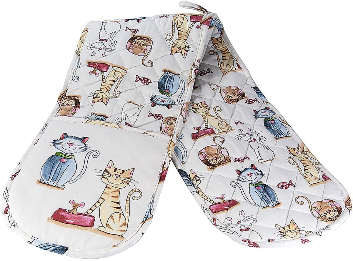 Omgoods - Dubbele Ovenhandschoenen met Blije Katten Print van 100% Katoen