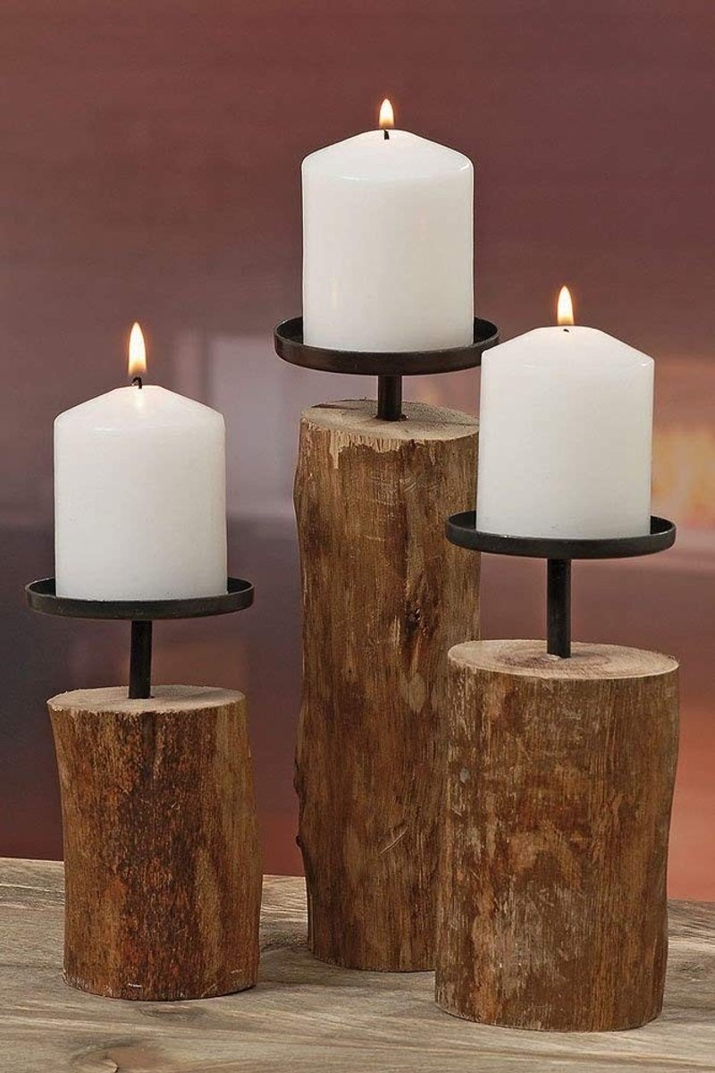 Omgoods - Set van 3 Houten Kaarsenhouders 'Tempe' - Hoogtes 14/18,5/23,5 cm