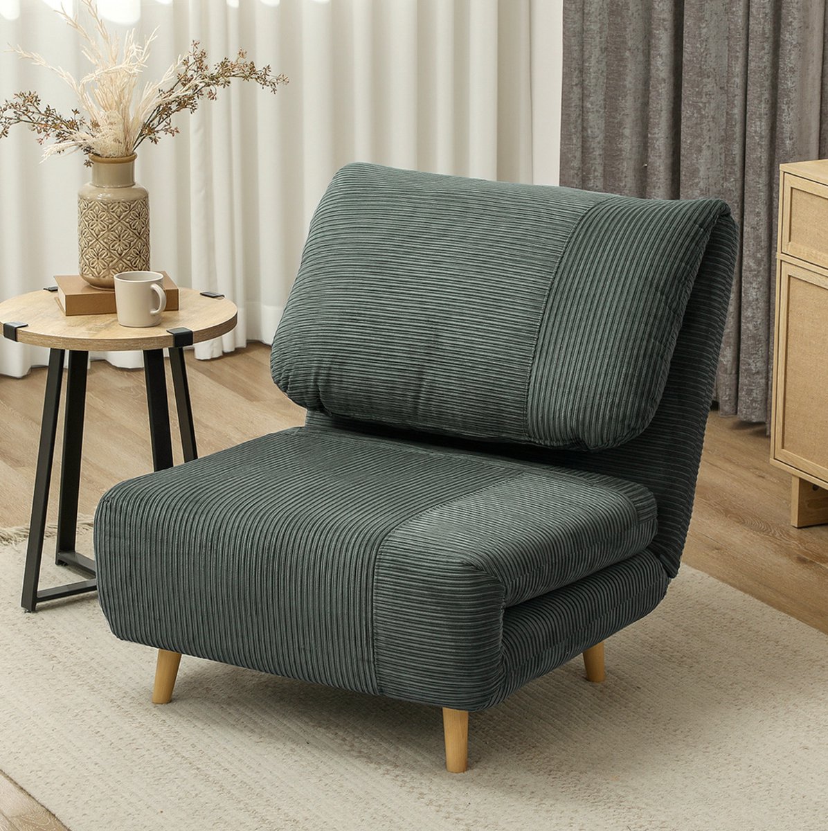 REDOM - Slaapbank - 2-in-1 functie - Verstelbare rugleuning - Klapmatras - Scandinavische stijl - Woonkamer - Polyester en hout - Groen - 82 x 89 x 83 cm