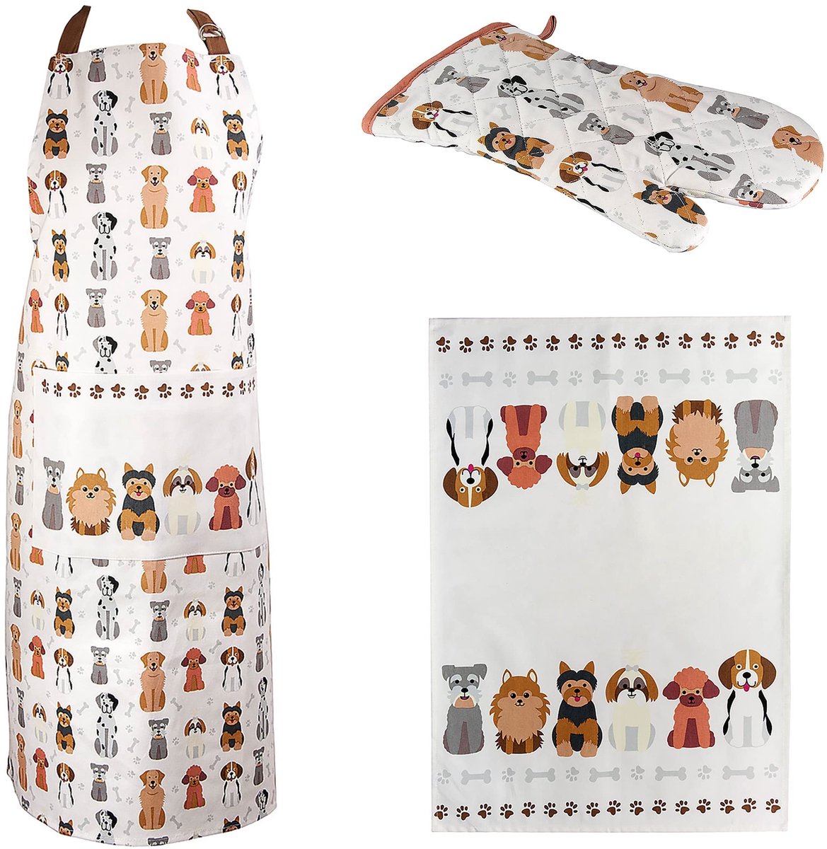 Omgoods - 3-delige Keukentextiel Cadeauset met Honden Print van 100% Katoen