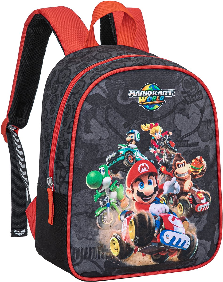 Mario Kart World Rugzak Jongens – Schooltas met Mario, Luigi, Yoshi, Peach en Donkey Kong – Zwart en Rood - Hoogte 31cm