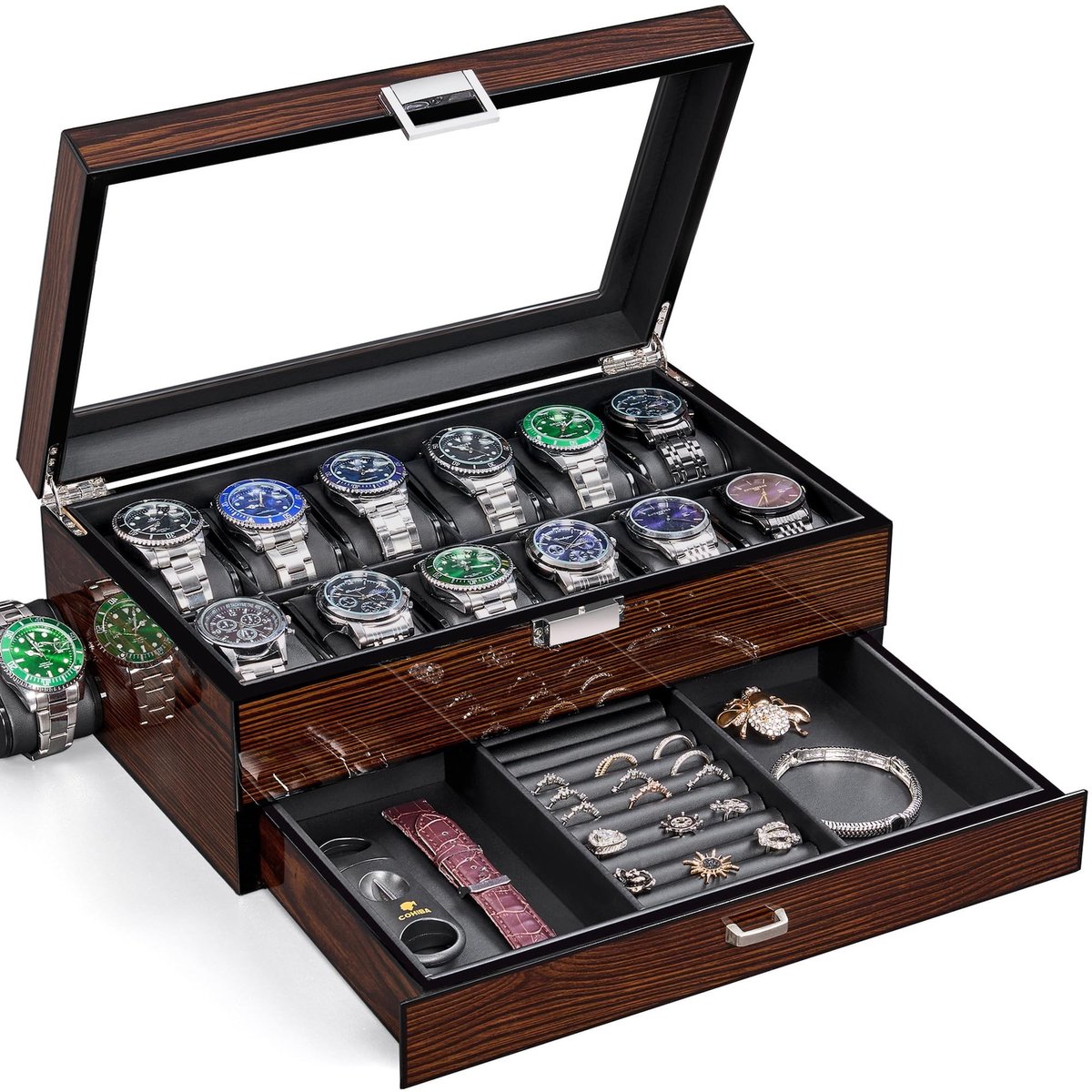 Omgoods - Houten Watch Box met 12 Slots en Valet Tray voor Horloges