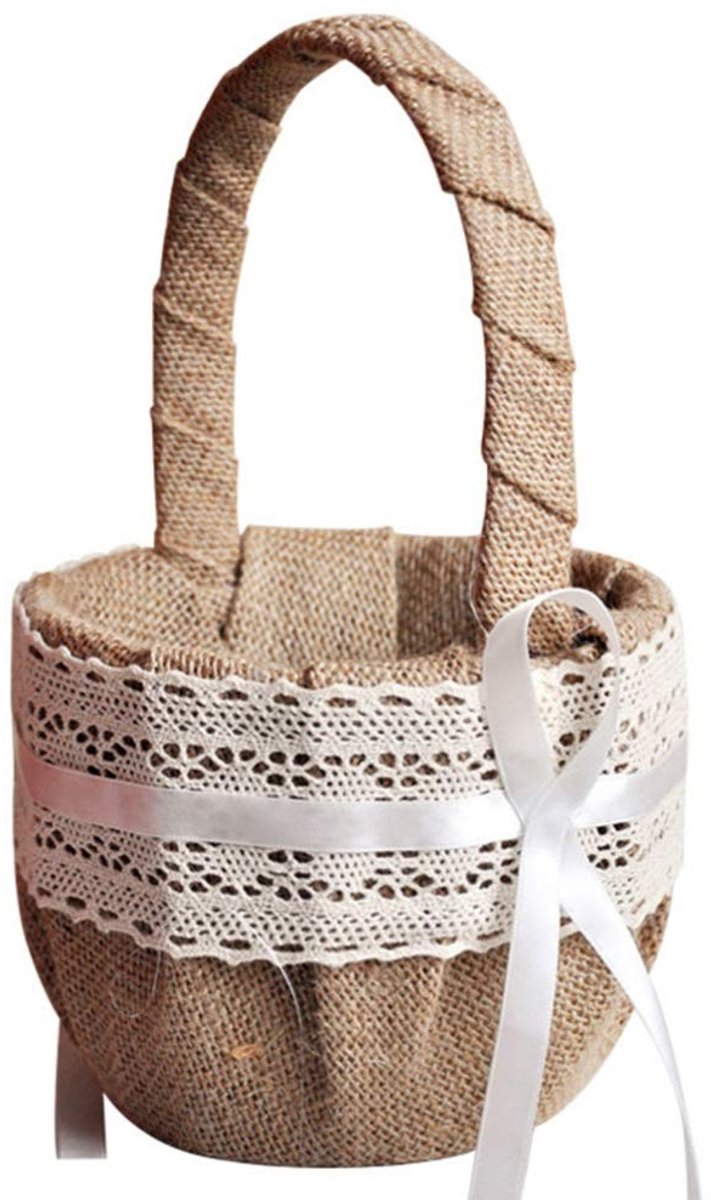 Omgoods- Bloemenmeisje Mand met Handvat - Vintage Bruiloft - Jute/Polyester - Rustieke Ceremonie - Feest - Strik - Bloemenmand