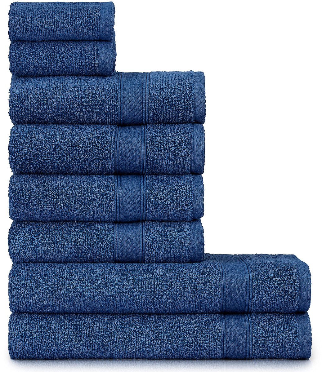 Omgoods - Handdoekenset - 8-delig - 100% Katoen - Donkerblauw - Zacht & Absorberend