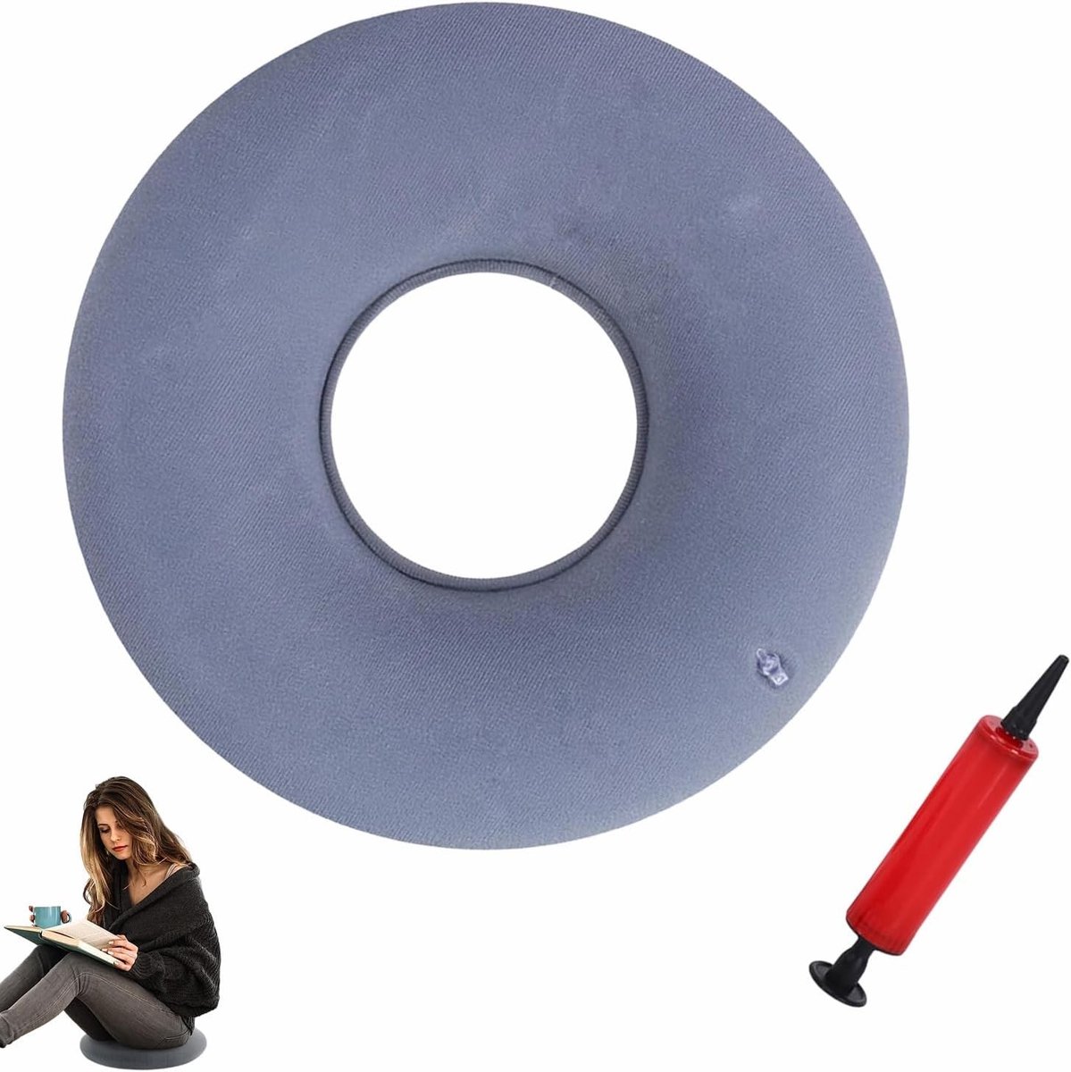 Opblaasbaar zitkussen voor aambeien, orthopedisch donutkussen voor stuitbeen, comfortabel ringkussen voor rolstoelen en decubitus, 37 cm, inclusief pomp (grijs)