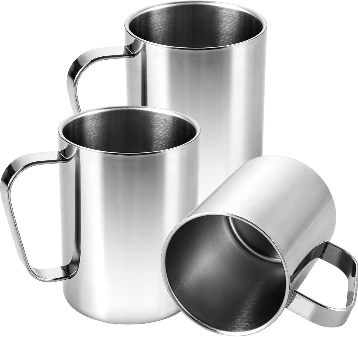 Set van 3 dubbele roestvrijstalen bekers 500 ml met handvat, ideaal voor koffie, thee en sap, zilver in geschenkdoos