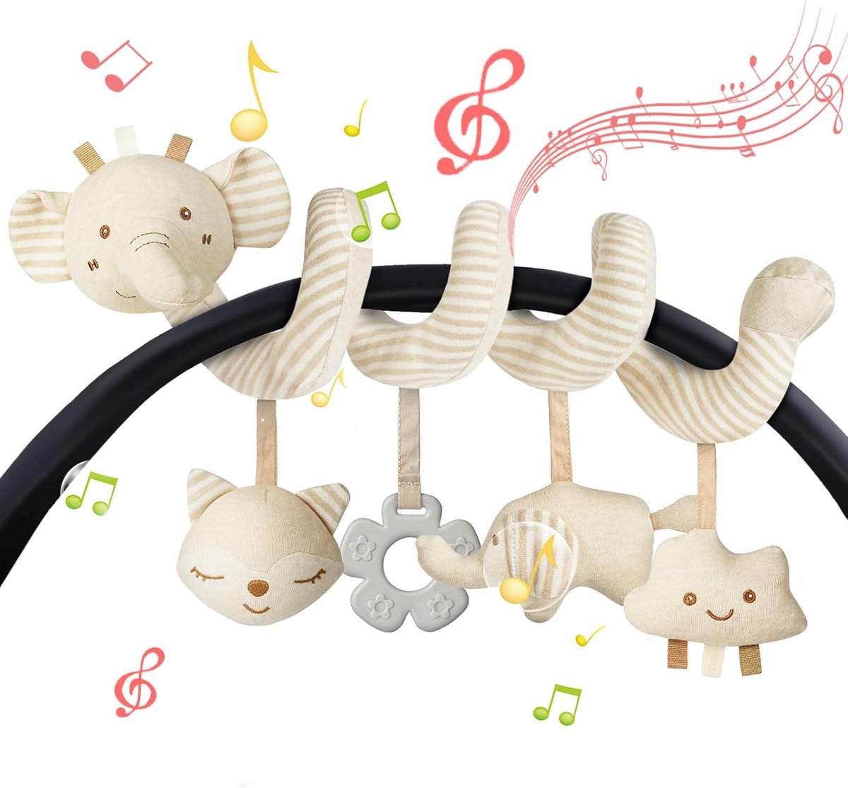 Babywandelwagen Speelgoed, Baby Activiteitenspiraal, Hangspeelgoed, Reisspeelgoed, Pluche Speelgoed voor Babyshower en Verjaardagscadeaus (Beige) Olifant)